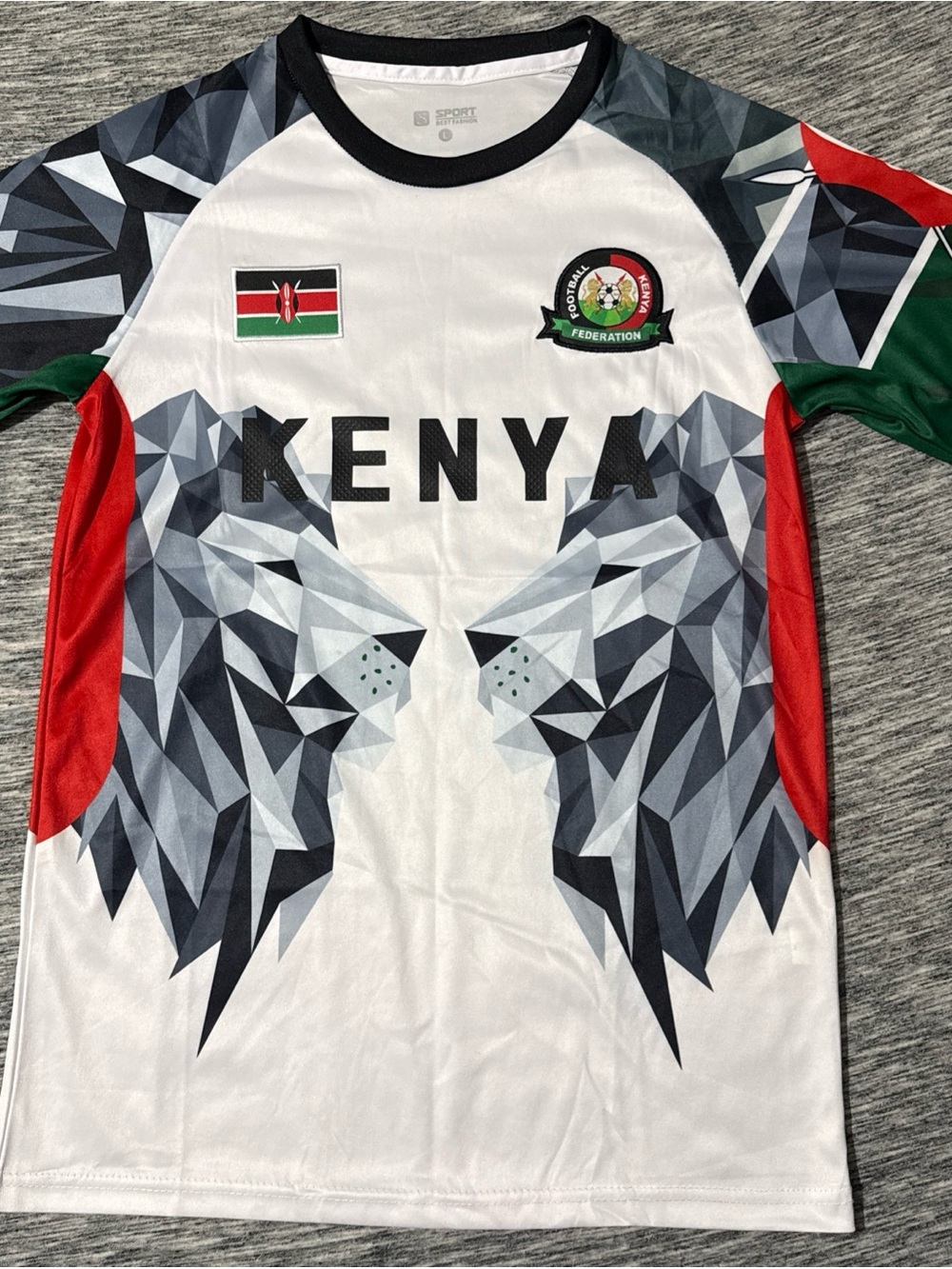 BEAST FASHION White Kenya Lion Graphic Soccer Jersey with Red and Green Accents